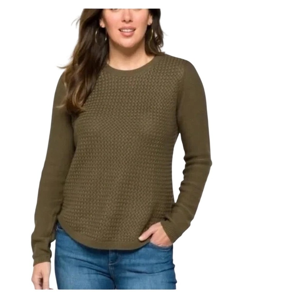 Lety & Me Womens Olive Green Basketweave Knit Sweater Elbow Patches XL